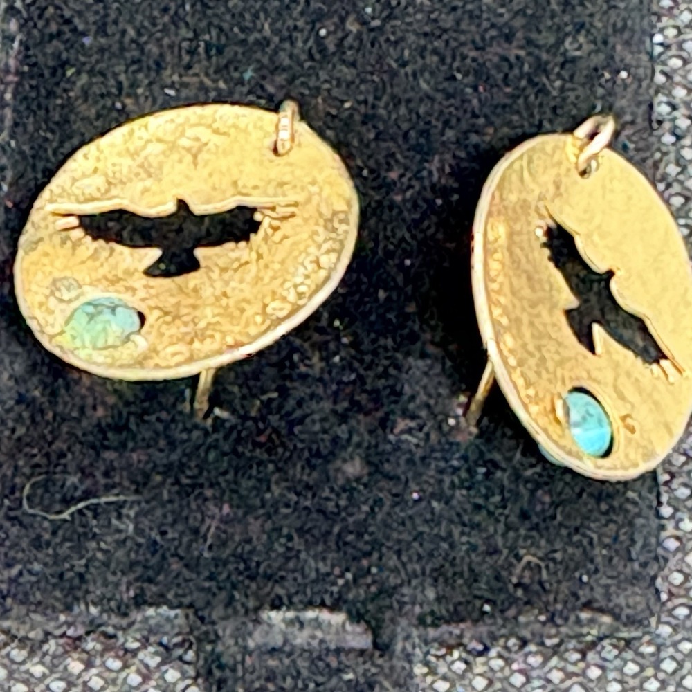 Wild Bryde Bird Turquoise Earrings Dangle Gold Tone Hawk Etched - Picture 3 of 6